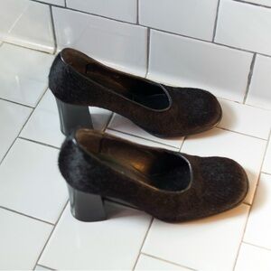 Vintage Black Faux Hair Square Toed Pumps Size 7.5